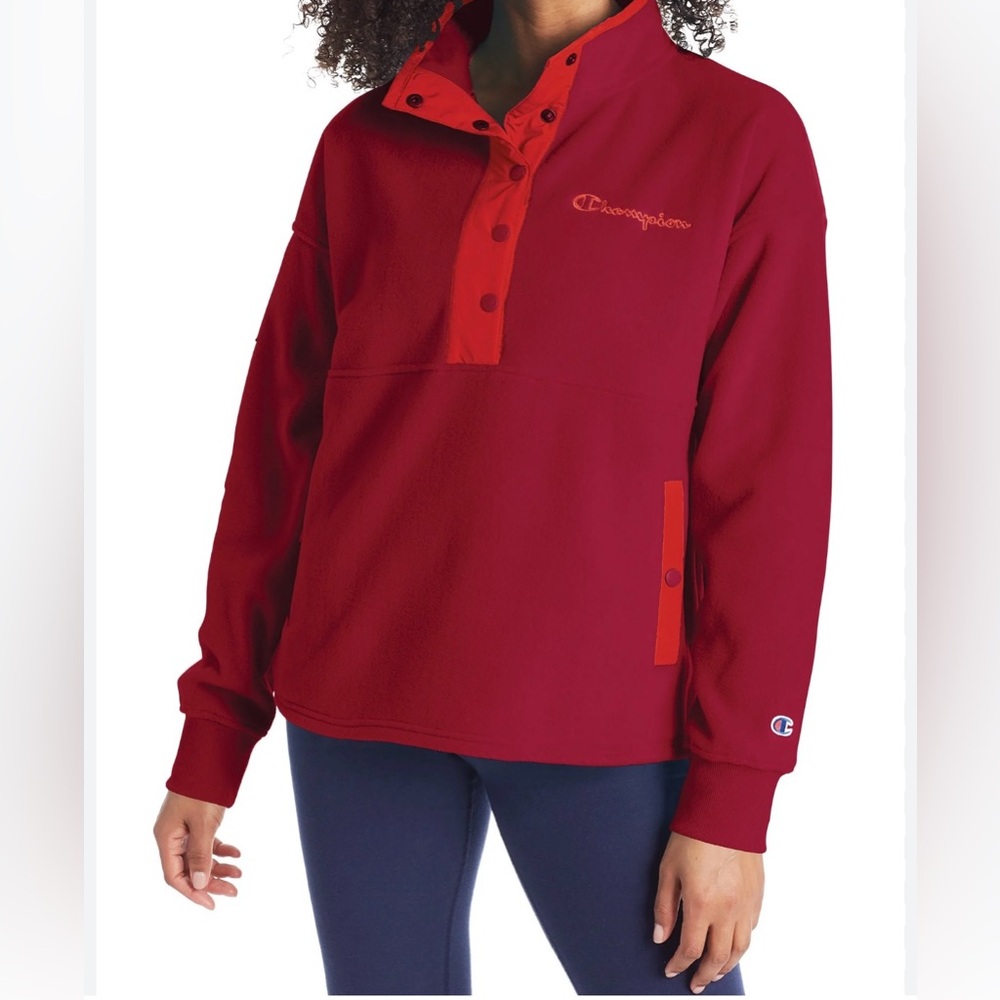 Champion Authentic Athleticwear Snap Up Fleece Sweater Women's Red SZ Medium #78